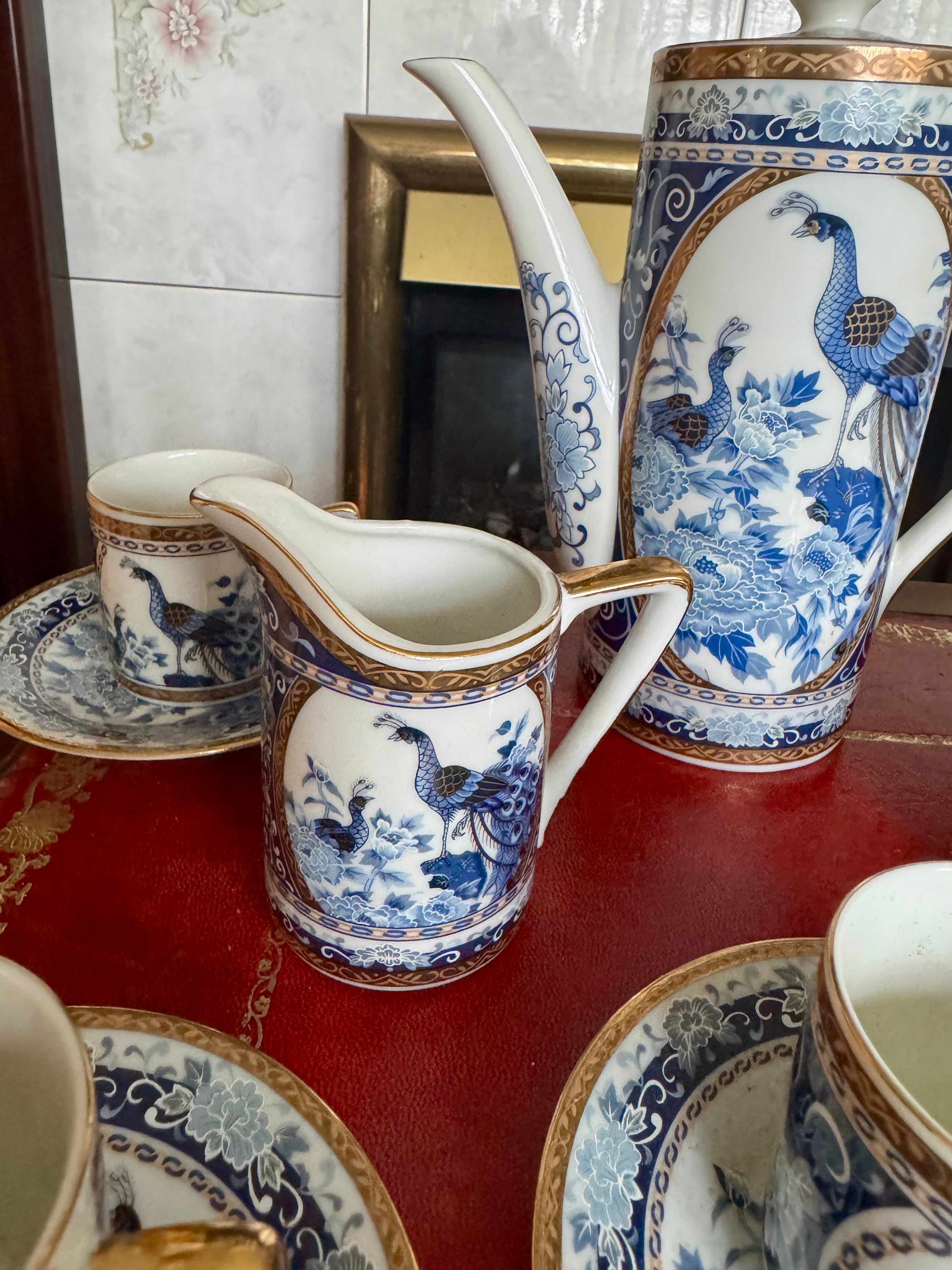 Japanese Imari Arita Peacock Gilded Porcelain 13 Piece Demitasse Coffee Set