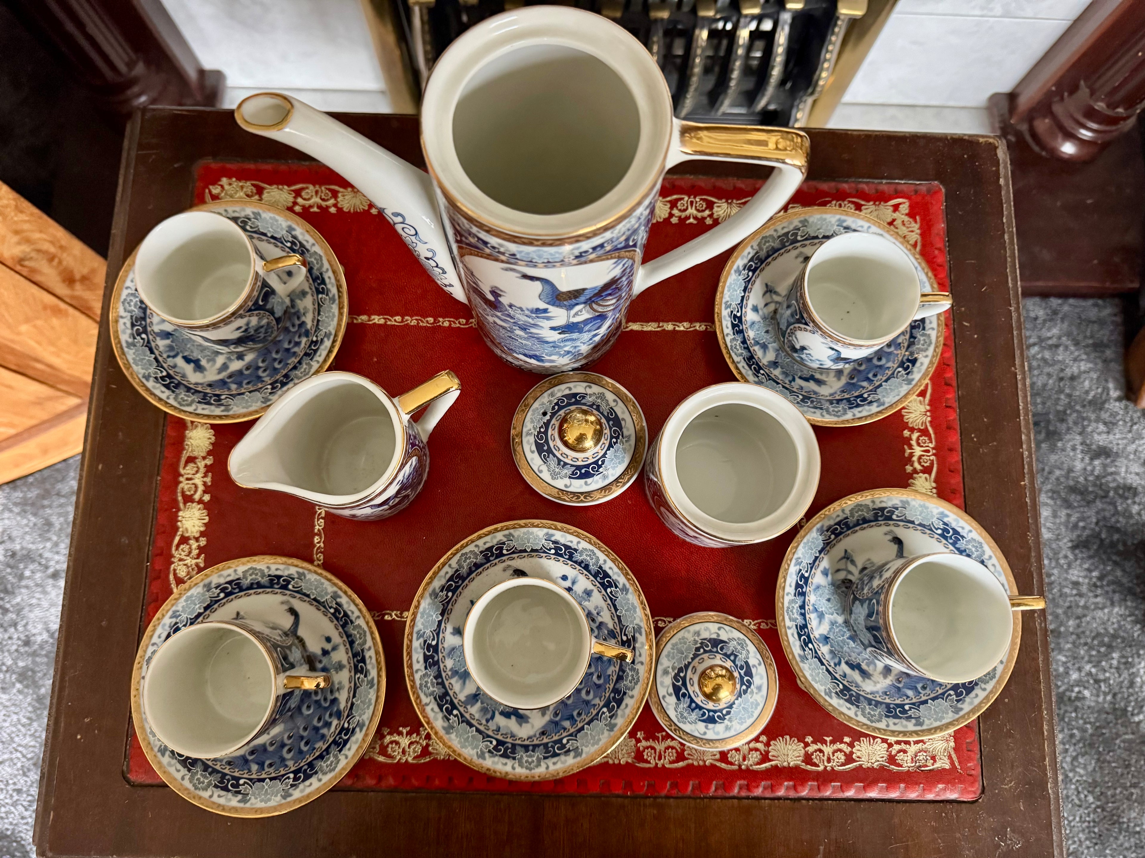 Japanese Imari Arita Peacock Gilded Porcelain 13 Piece Demitasse Coffee Set
