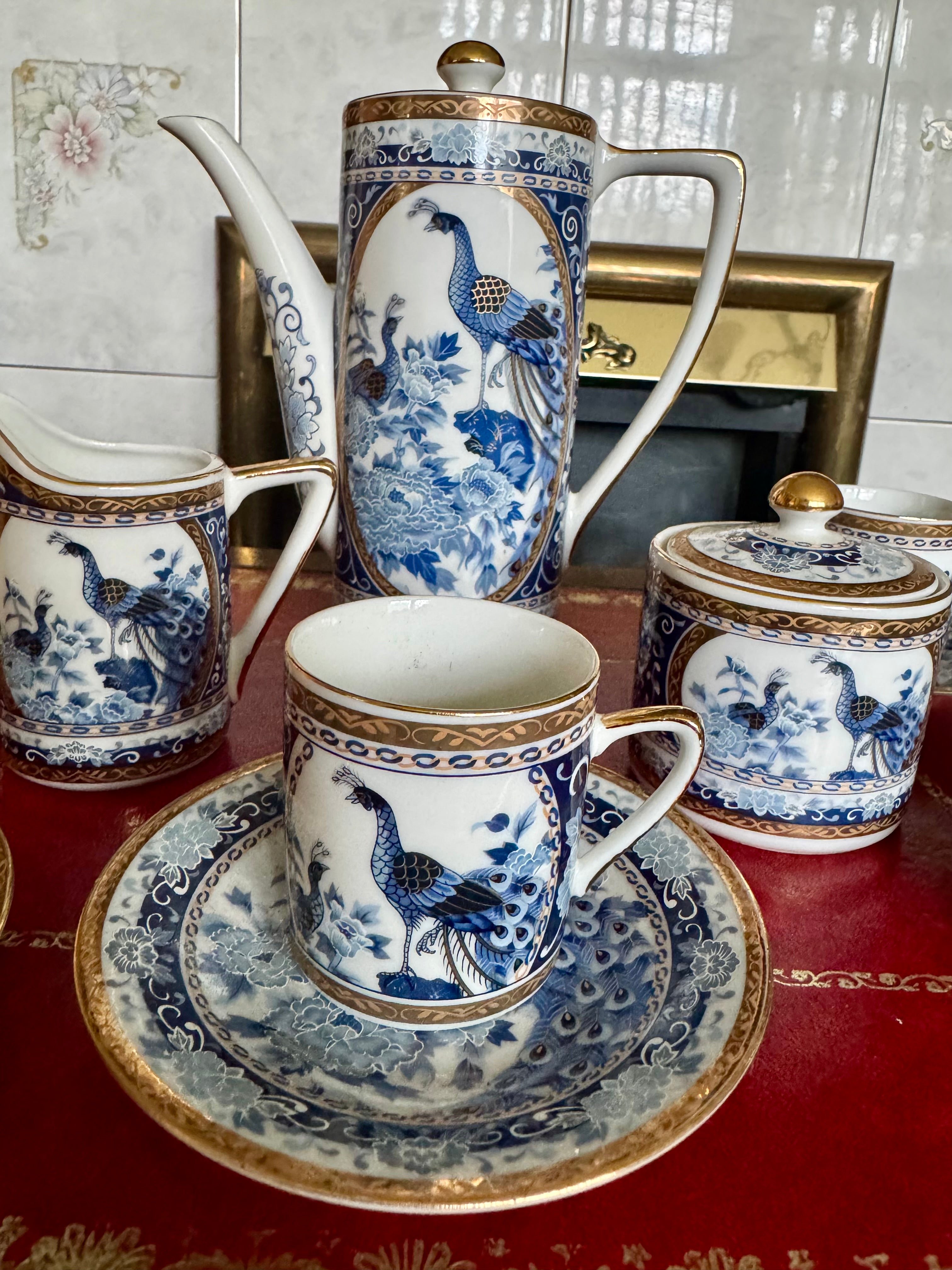 Japanese Imari Arita Peacock Gilded Porcelain 13 Piece Demitasse Coffee Set