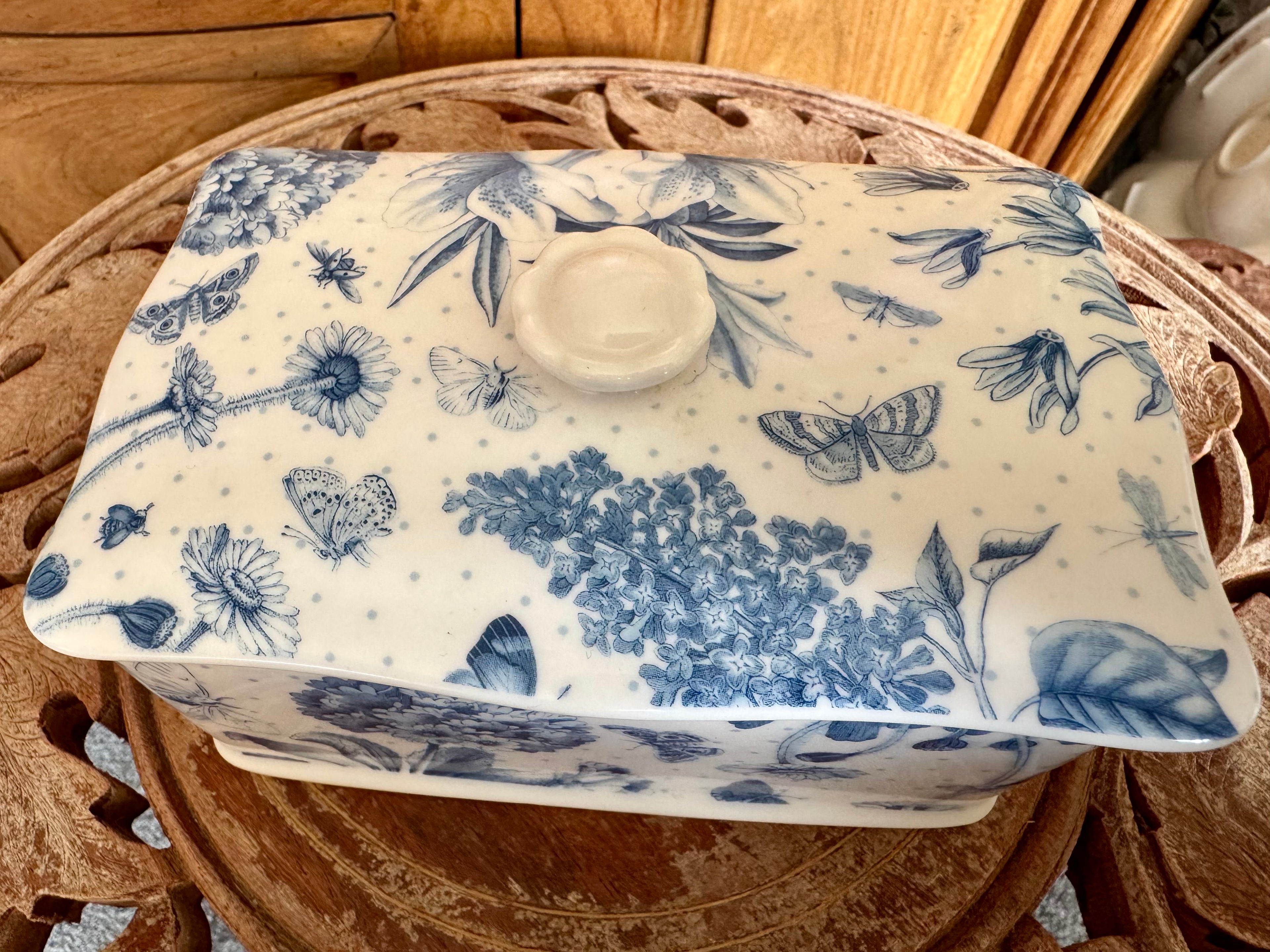 Vintage Portmerion Botanic Blue Butter Dish - Unused