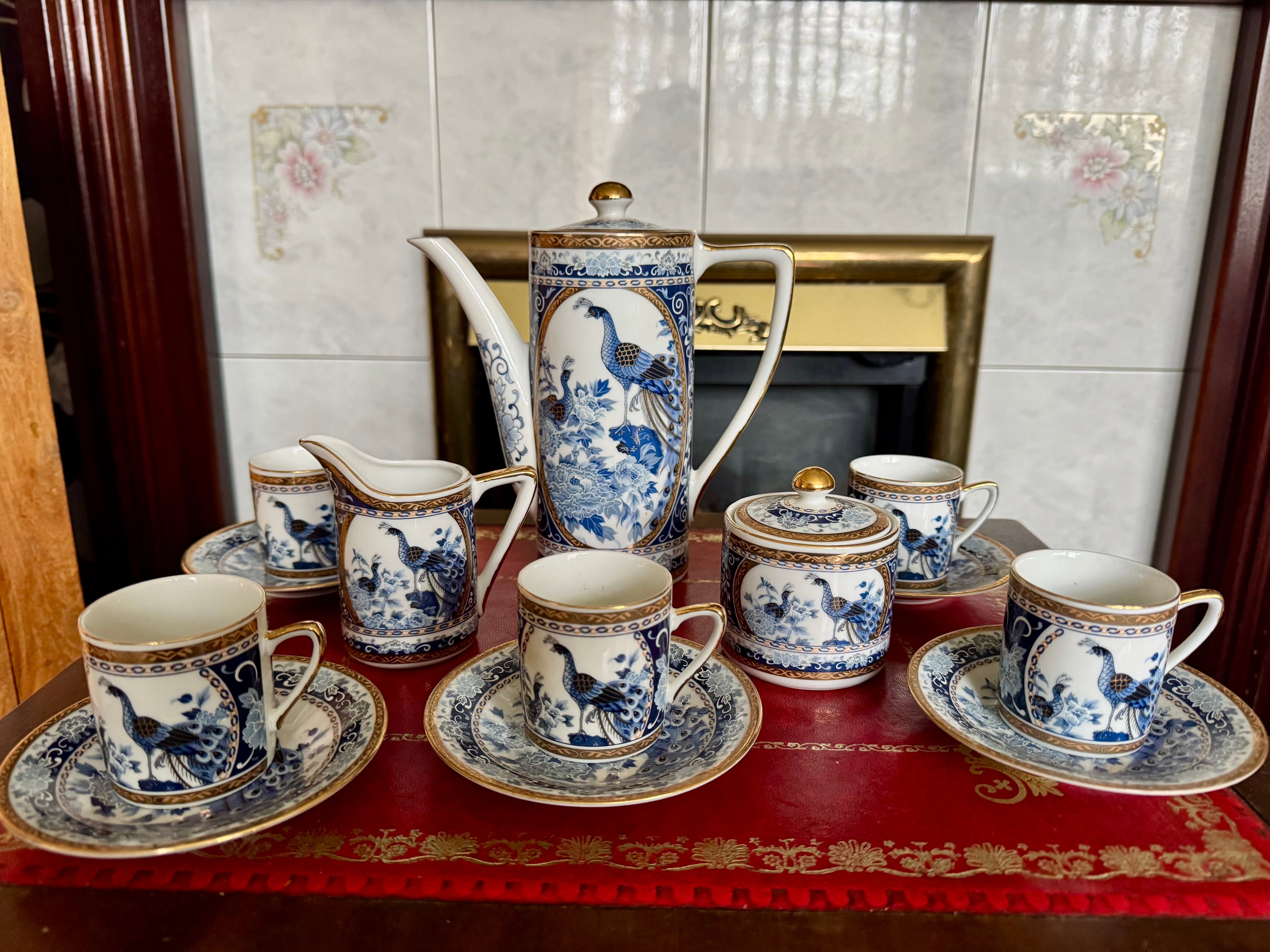 Japanese Imari Arita Peacock Gilded Porcelain 13 Piece Demitasse Coffee Set